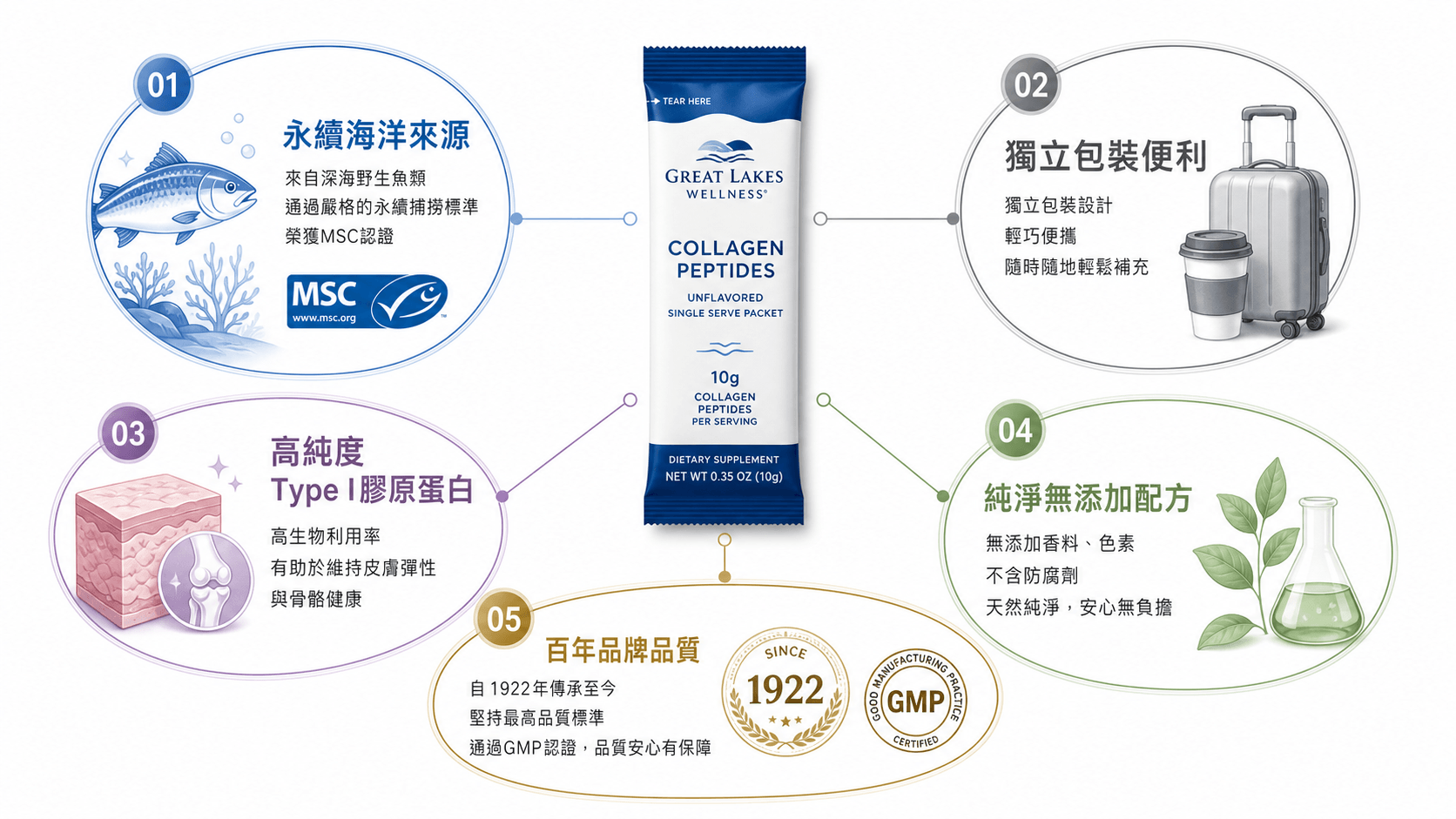 iHerb膠原蛋白比較：Great Lakes Wellness即溶膠原蛋白肽信息圖，展示永續海洋來源、純淨配方與獨立包裝特色