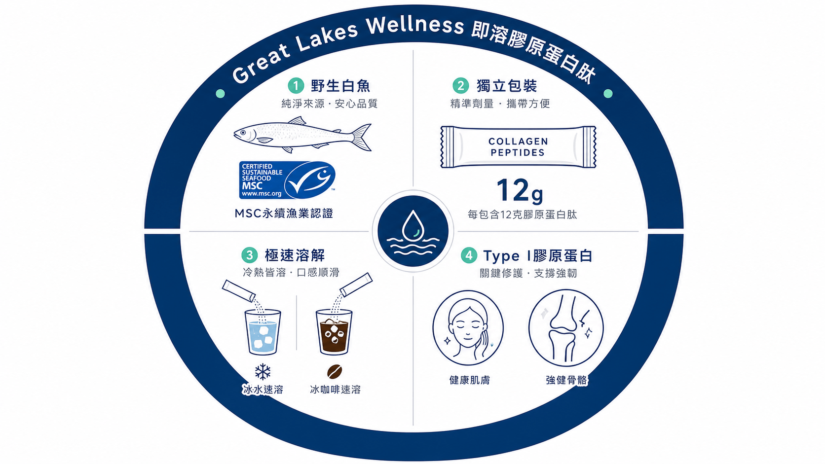 Great Lakes Wellness即溶膠原蛋白肽資訊圖，展示野生白魚來源、獨立包裝、極速溶解與Type I膠原蛋白四大特色。