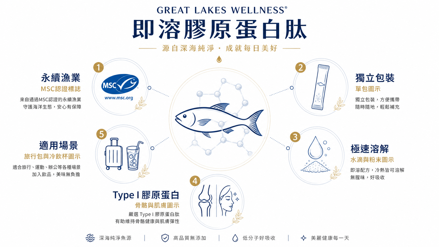 資訊圖展示 Great Lakes Wellness 即溶膠原蛋白肽，強調其野生白魚來源、MSC 認證、獨立包裝、極速溶解與 Type I 膠原蛋白等核心特色，適合旅行與冷飲使用。