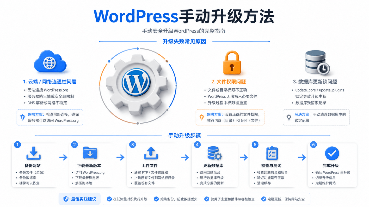 WordPress 自动更新总是失败并提示“另一更新正在进行”？彻底解决思路与 6 种手动升级方案全记录