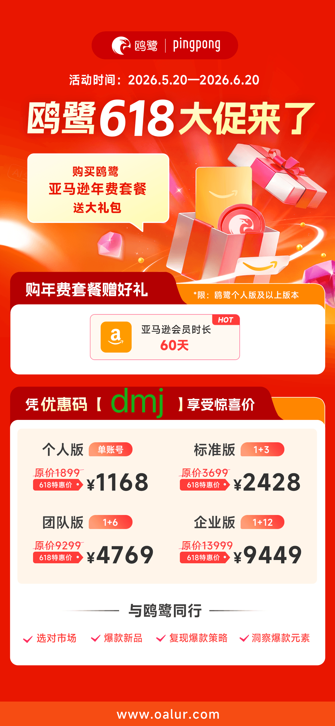 最新鸥鹭优惠码2026,低至5.1折618大促,折亚马逊,tiktok,shopify,temu运营选品,tk达人建联工具